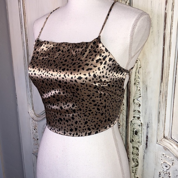 Chocolate Y2K Animal Print Spaghetti Crisscross Strap Cropped Satin Camisole Top - Picture 3 of 7